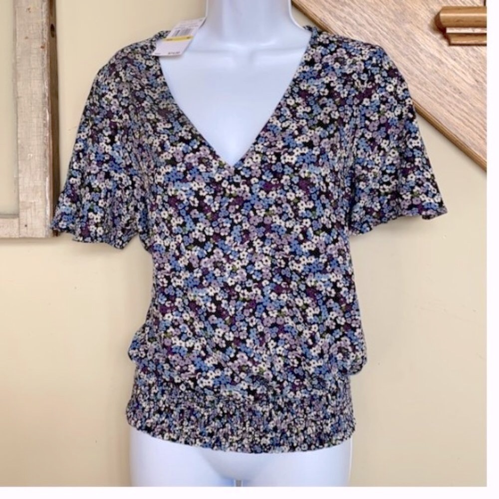 michael kors smocked waist flutter sleeve blossom floral shirt NWT